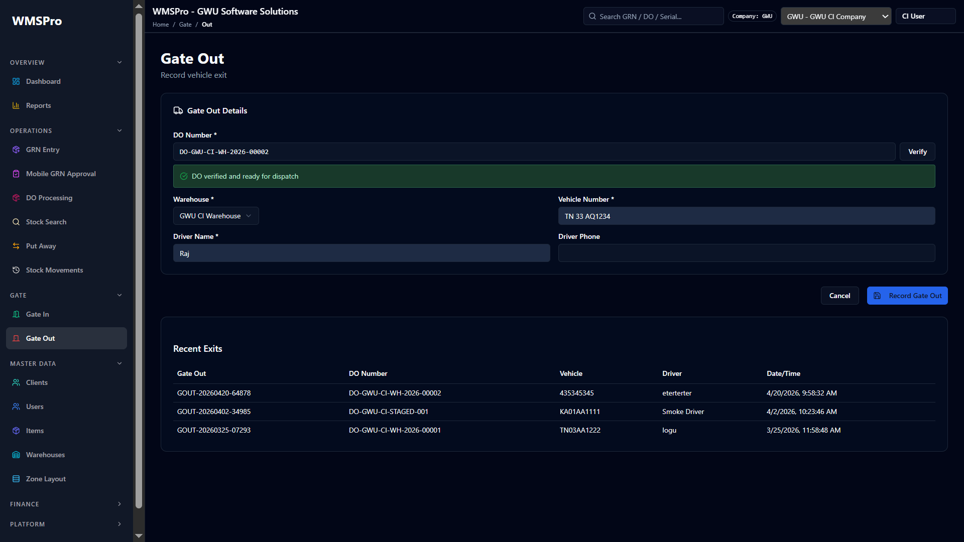 WMS gate in and gate out screenshot