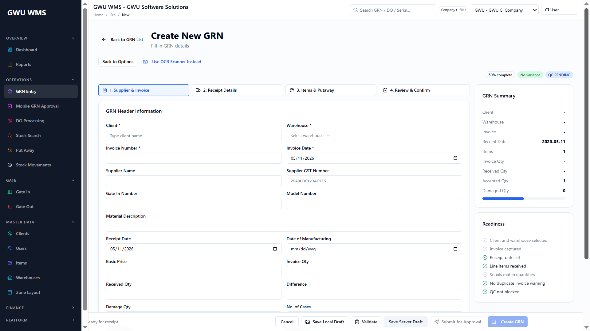 WMS GRN entry and serial tracking screenshot