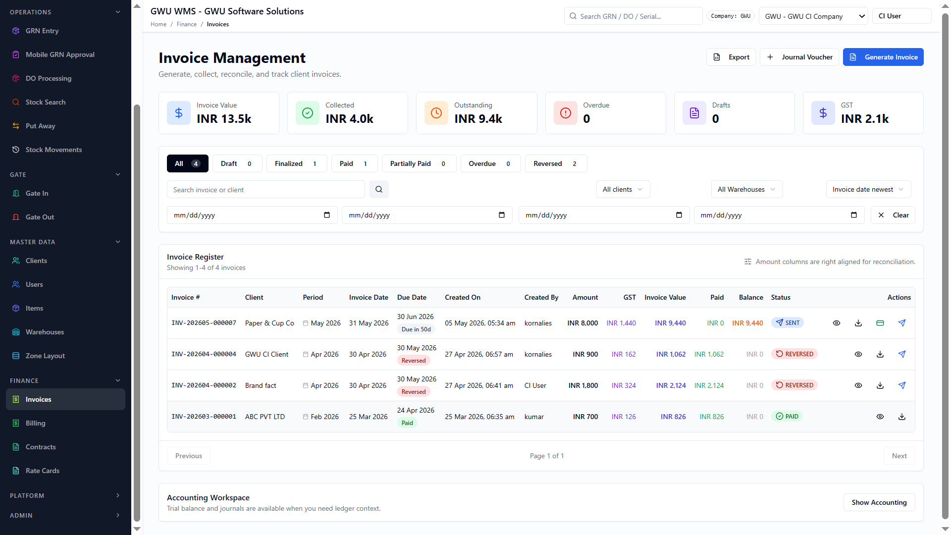 WMS billing module screenshot