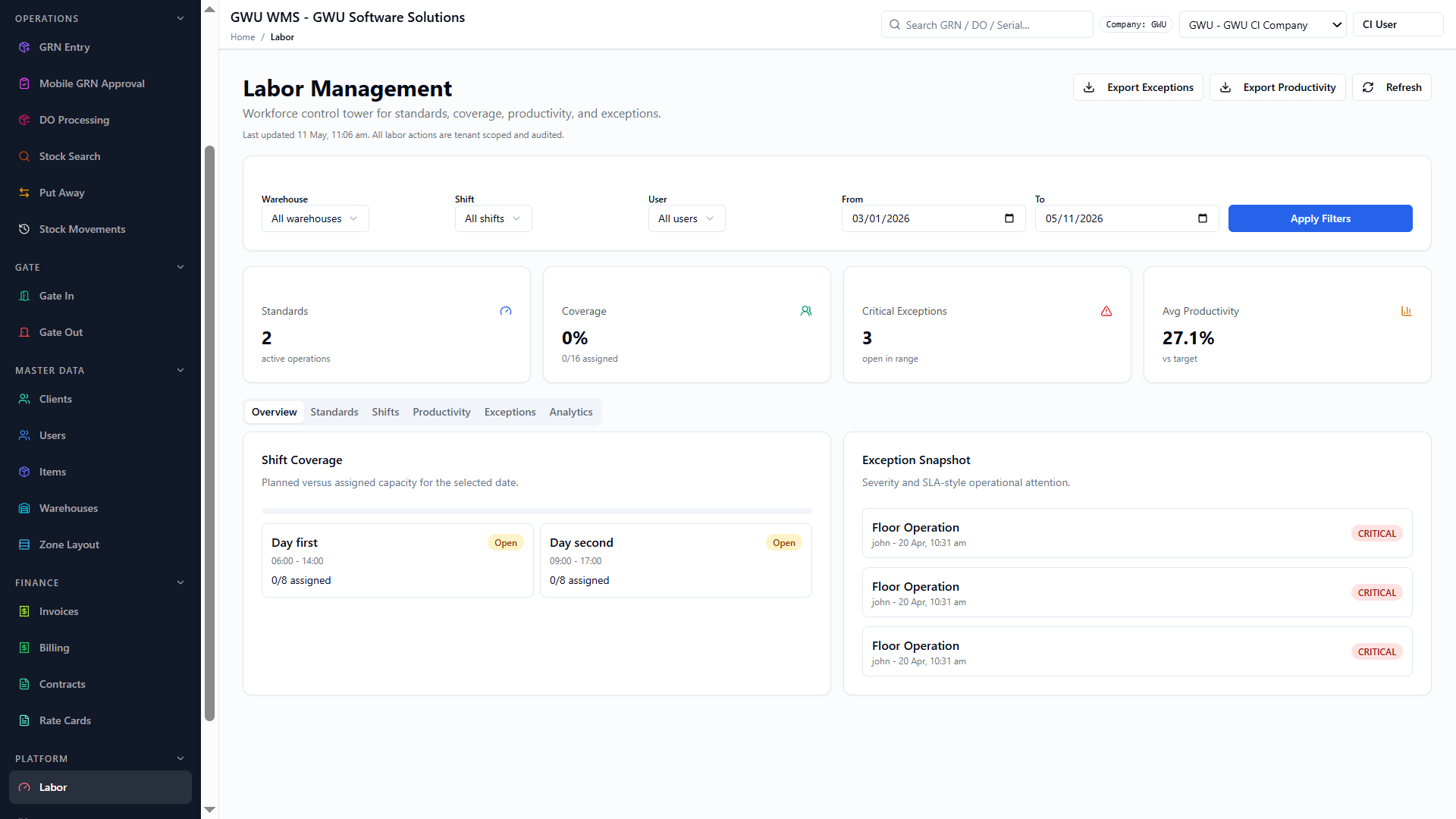 WMS labor and workforce tracker screenshot